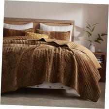 Velvet Quilt California King Size 118''x106'', Lightweight Caramel Velvet