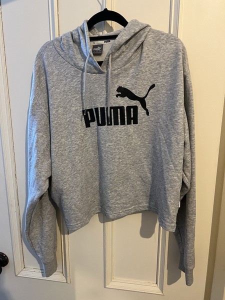 Puma - Size L - Grey Printed Cropped Fleece Hoodie Jumper Pullover