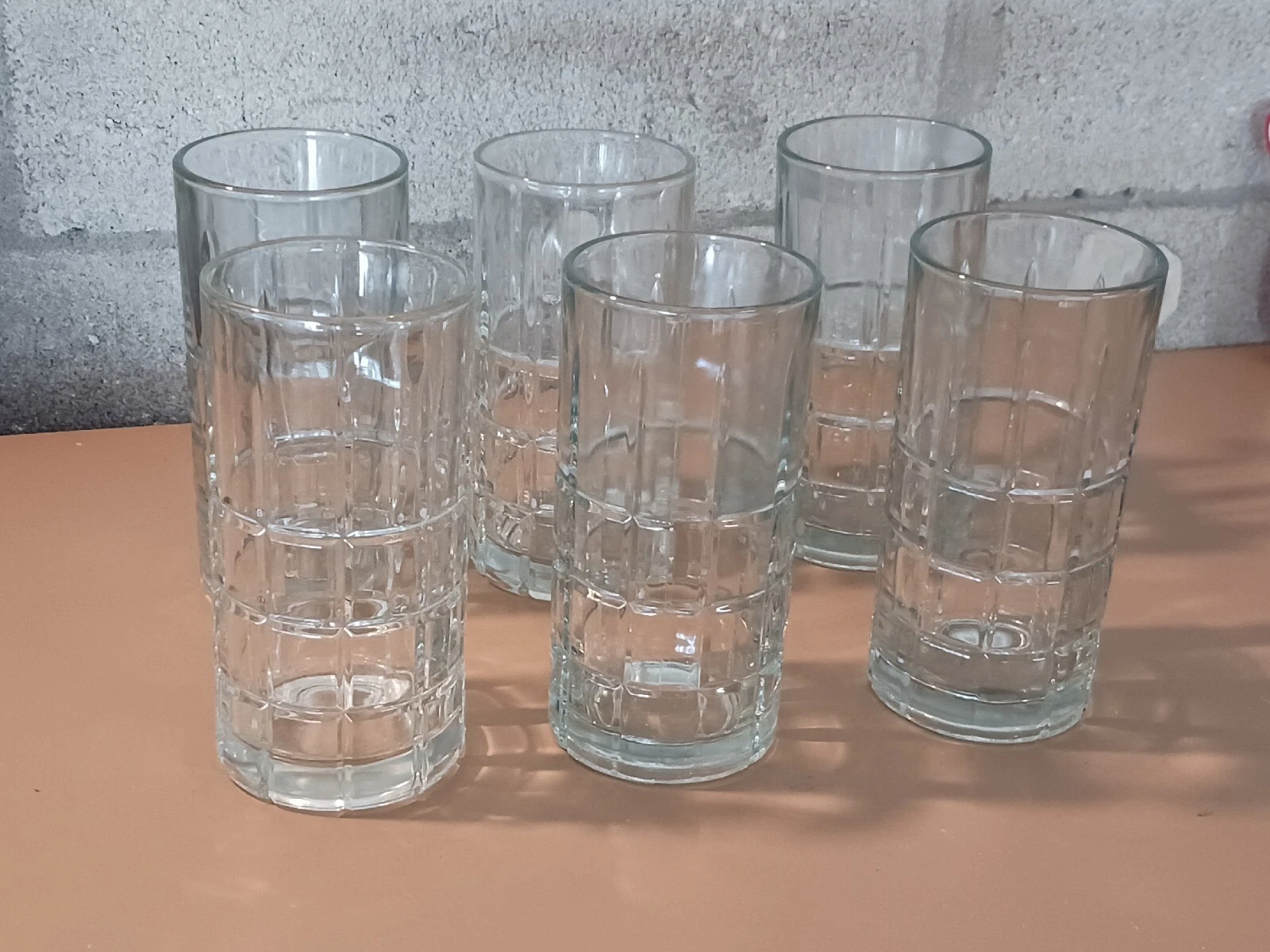 Set of SIX Clear Tartan Plaid Glasses Anchor Hocking   6" tall. Very good cond