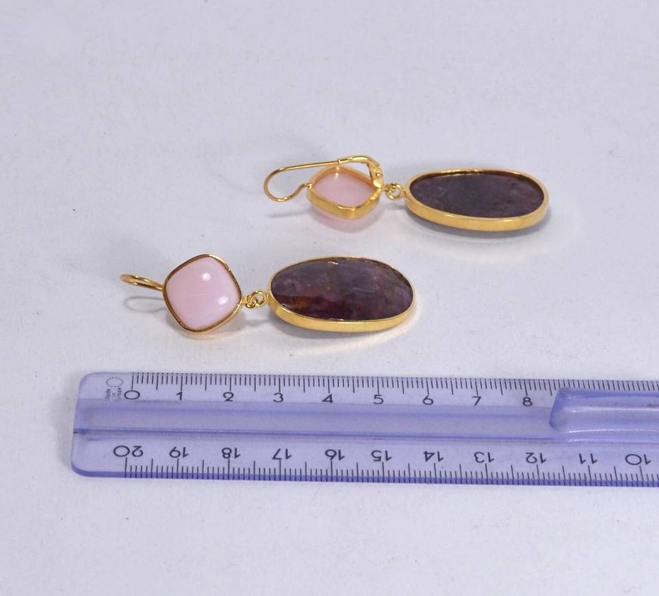 ORECCHINI  ARGENTO 925 DORATI CARRE OPALE ROSA  E RADICE  RUBINO       AGHT 0574 - Immagine 3 di 3