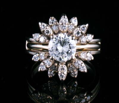 VINTAGE RETRO ROUND DIAMOND SOLID 14K WHITE GOLD ENGAGEMENT RING  GUARD SET