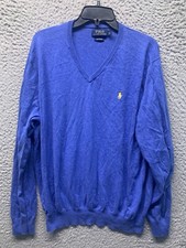 Polo Ralph Lauren Sweater Mens XL Blue Solid Knit V Neck Long Sleev