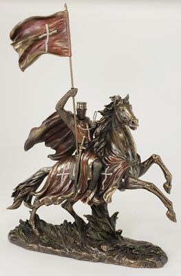 11 1/2'' x 16'' Medieval Times Templar Knight on Horse w Flag Statue Bronze Finish