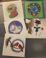 Lot Of 5 Christmas Holiday Cards With Envelopes Unused Snowman Stockings Birds