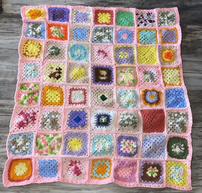 Vintage Granny Square Afghan Pink Multi Color Baby Lap Blanket 47X42