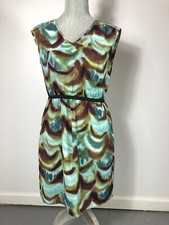 Ann Taylor Loft 4P Watercolor Aqua Brown Vneck Sleeveless Blouson Dress Pockets