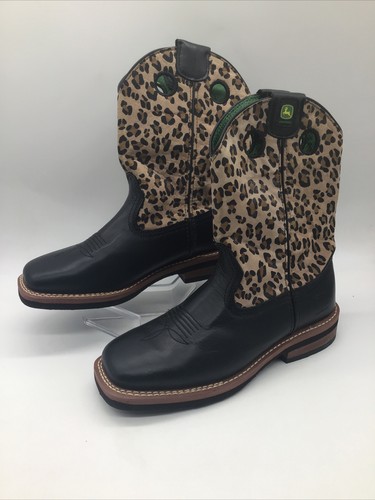 John Deere“Growin Like A Weed”Leather Leopard Cowgirl/Boy Boots Sz.5.5M JD3310
