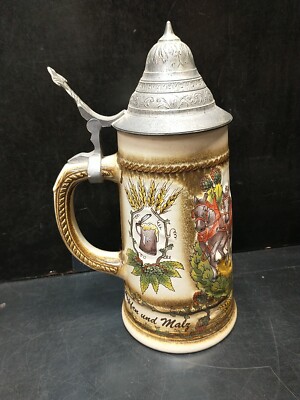 Vintage German Lidded Stein Hopfen Und Malz  Gott erhalt's  Made in West Germany