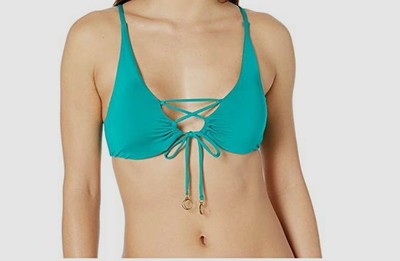$50 Soluna Women's Solid Green Front Lace Tie Bikini Swim Top Swimwear Size L
