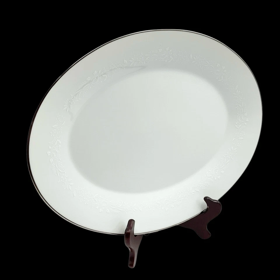 Plato para servir Noritake Reina 6450 16′′ ovalado Japón años 60 blanco/platino adorno de colección Foto 3 de 4