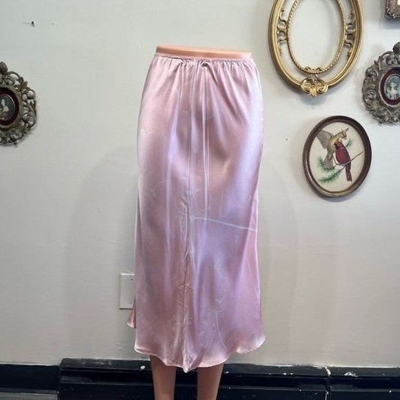 Vintage Pink Silk Satin Dandelion Midi Skirt