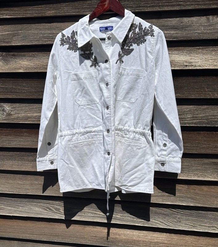 Ro’s Garden Off White Twill Jacket with Beading On Shoulder NWT $225 Size XS/S