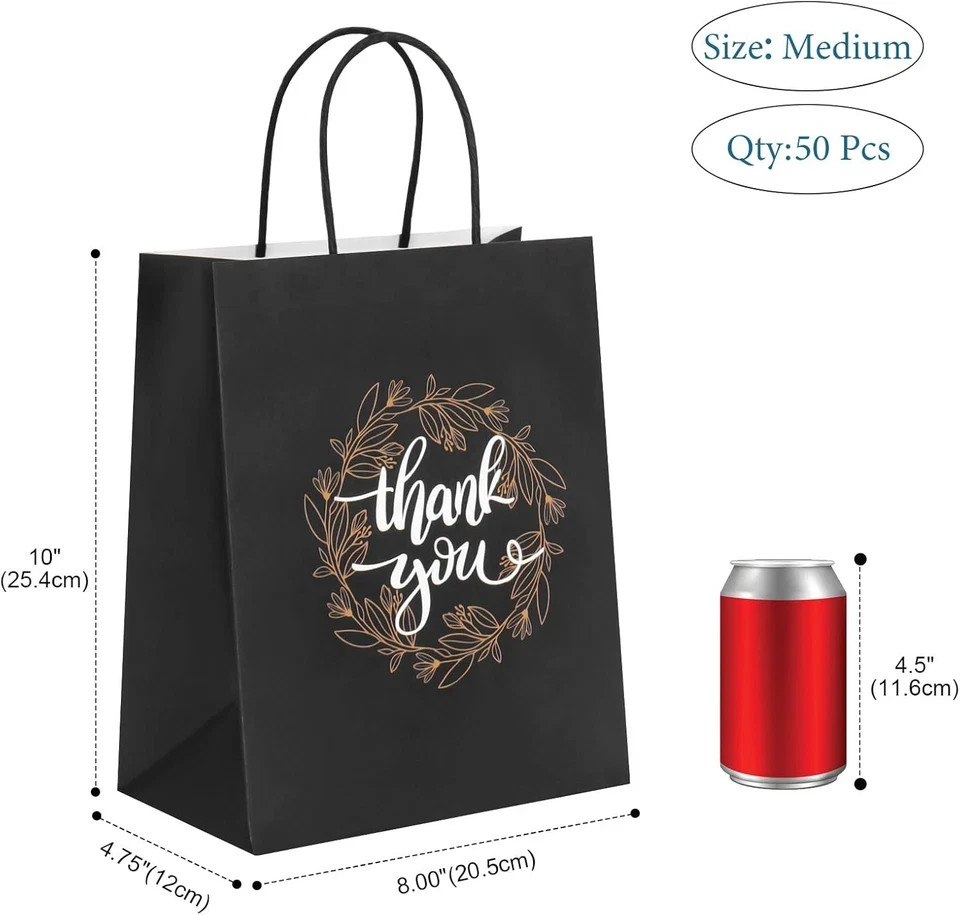 QIELSER Thank You Gift Bags Bulk 50 Pcs 8X4.75X10 Inches Medium Black Kraft Pape