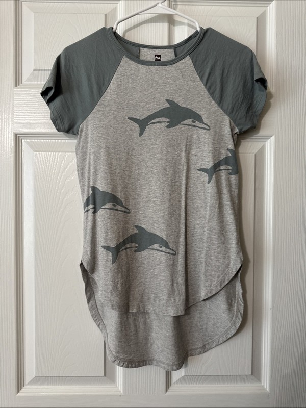 Tea Collection Grayish Blue Dolphins Hi-Lo Girls Shirt- Size 12- EUC