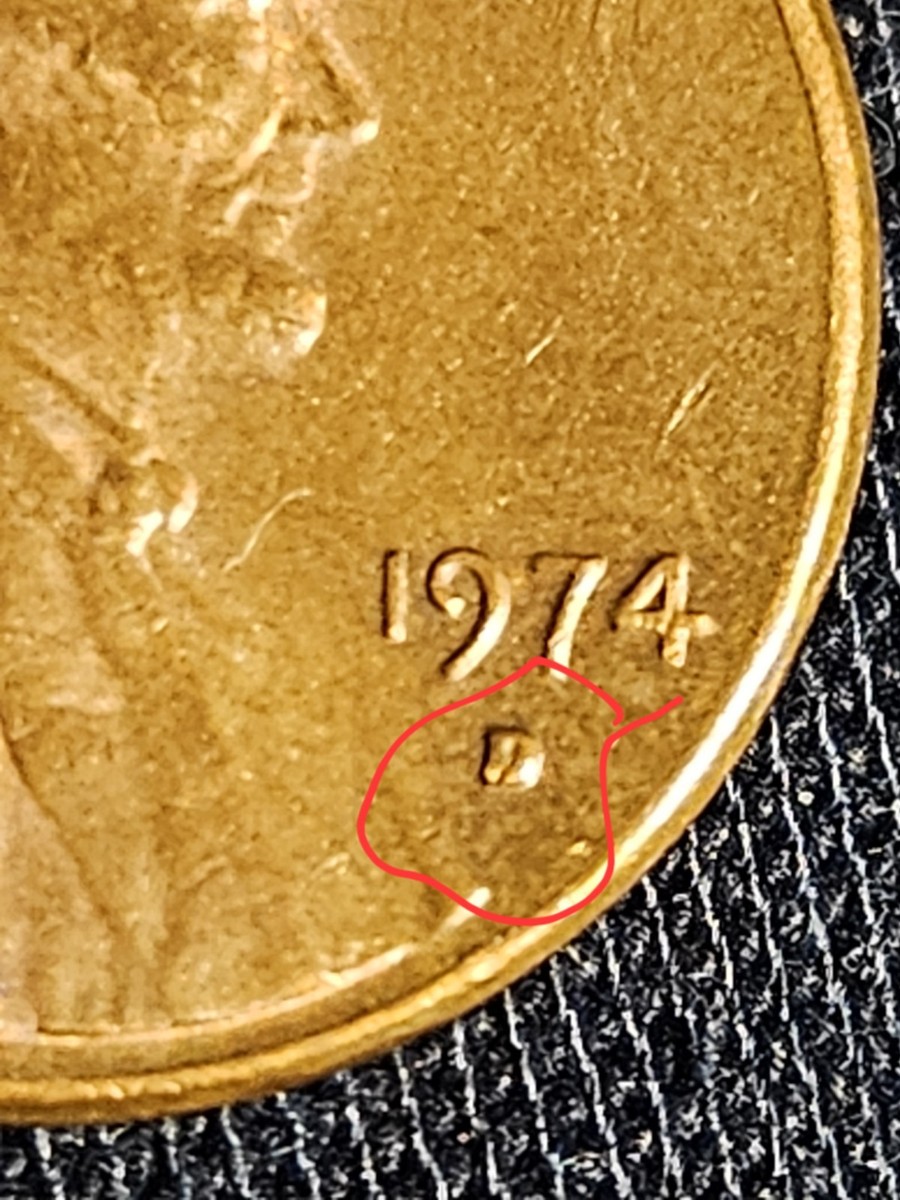 1974 D Penny Errors Struck Off Center, Filled In Mint Mark, 95
