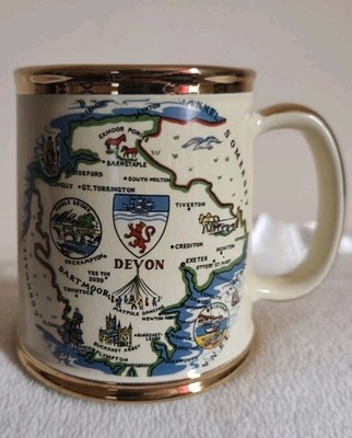 Vintage Devon Map Becher vergoldete Borte Souvenir Sammlerstück bildhaft Devonshire Tasse #3