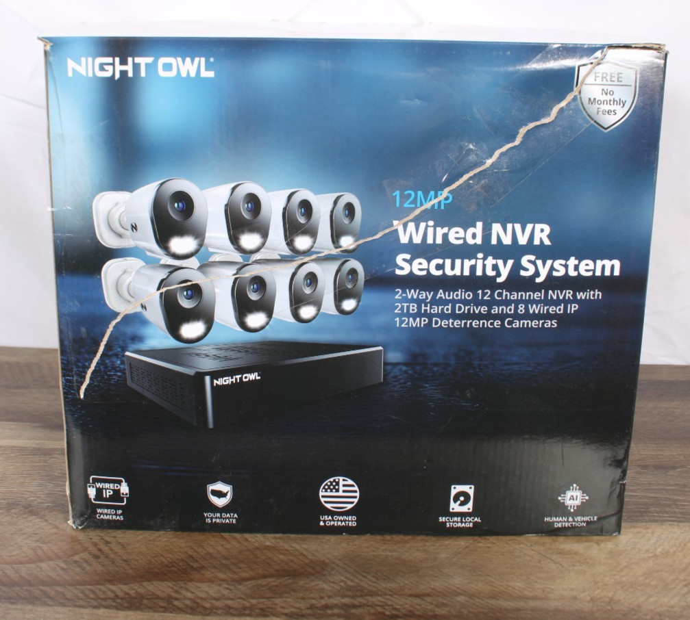 Night Owl 12MP 12CH 2TB NVR Wired Security System 8 Cameras UNTESTED