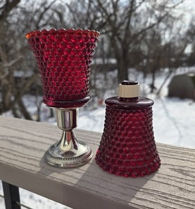 2 HOMCO HOBNAIL RUBY Red PEG Votive Cup Candle Holders w/NEW GROMMETS Peglite