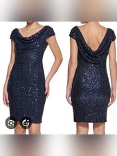Vince Camuto Draped-Neck Sequinned Cowl Back Cocktail Dress - Navy Size 16