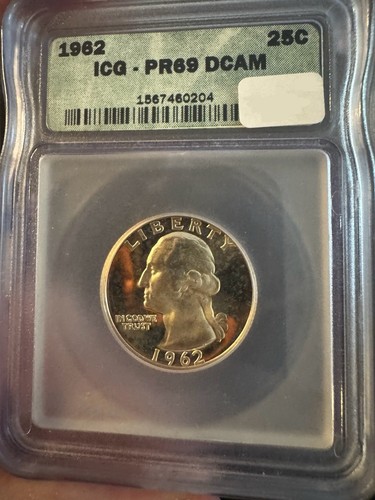 Cuarto de plata de prueba de Washington 1962 25c ICG PR69DCAM camafeo profundo - Imagen 1 de 4