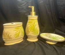 Ceramic Bathroom Accessory Set Of 3- Dispenser Dish Toothbrush Holder Palm Frond