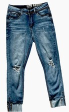 Jr. Sz 11 Indigo Rein Ankle Jeans Cutout Cuffs Button Fly Distressed Stretch