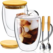Glass Coffee Mugs Set of 2 with Bamboo Lid/Spoon, Double Wall Insulated Clear Te