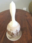 Fenton Bell Custard Satin Glass Hand Painted Cabin Woods Signed Dane T. 6.5"