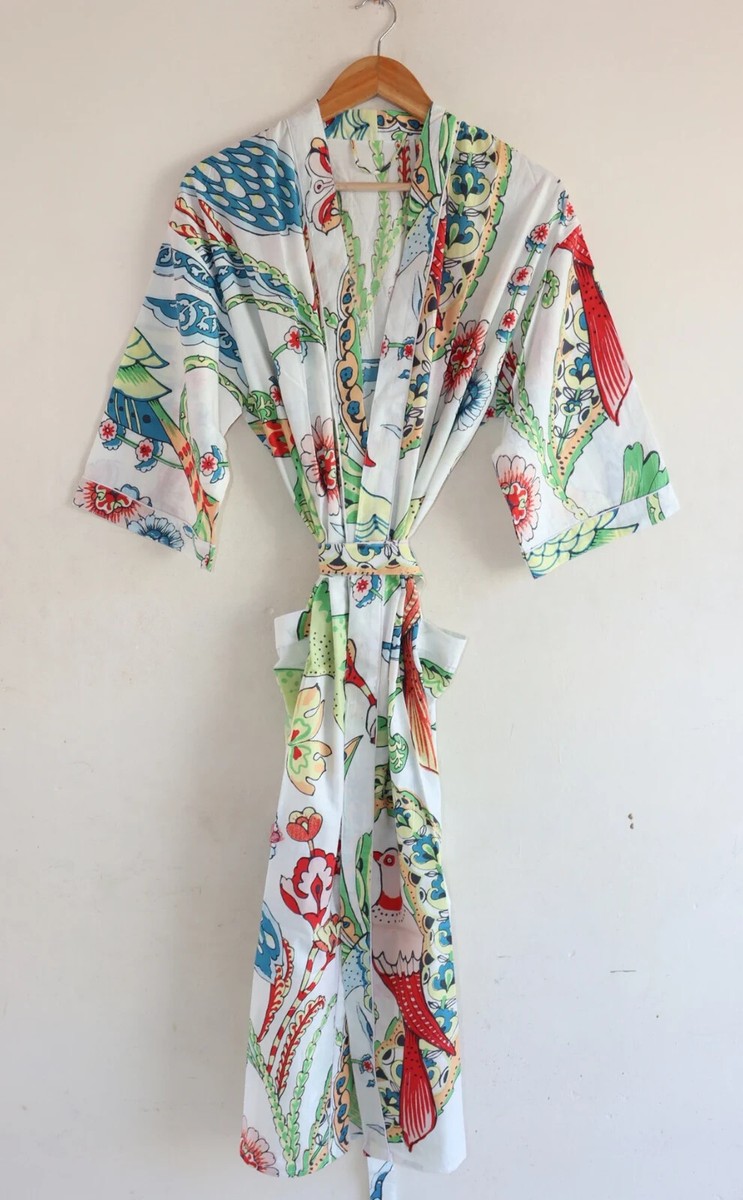 Kimono Abito Da Notte In Cotone Indiano – Lungo, Stampa Uccellino, Vestaglia Donna – Fatto A Mano