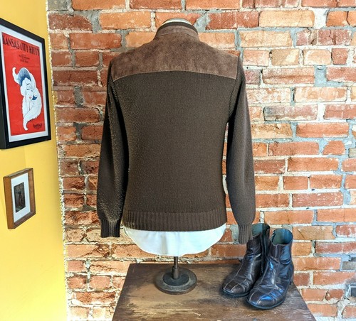 1980s Men's Suede Jacket Vintage Brown Leather & Knit Acrylic Café Racer Size M - Picture 8 of 10