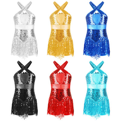 Kids Girls Leotards Figure Bodysuit Rhinestones Jumpsuit Mesh Outfit Tassel