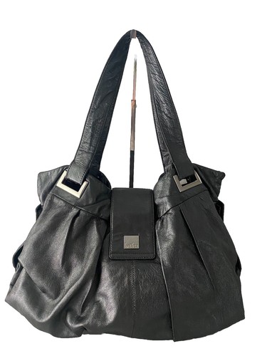 Kooba Black Leather Handbag Woven Patch Details Zipper Missing