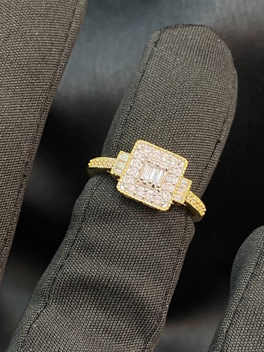 Pave 0,70 Cts Rotondo Baguette Naturale Diamanti Fidanzamento Anello In 14K Oro - Foto 3 di 9