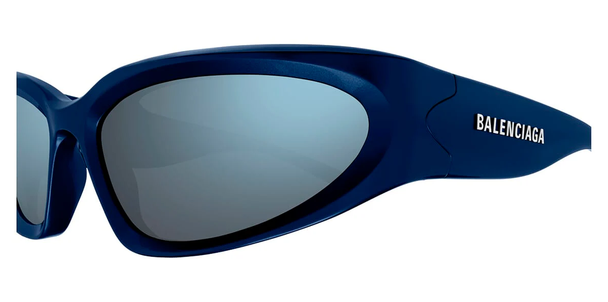 Balenciaga Wrap BB0157S 009 65 Blue Mirrored Oval Men's Sunglasses