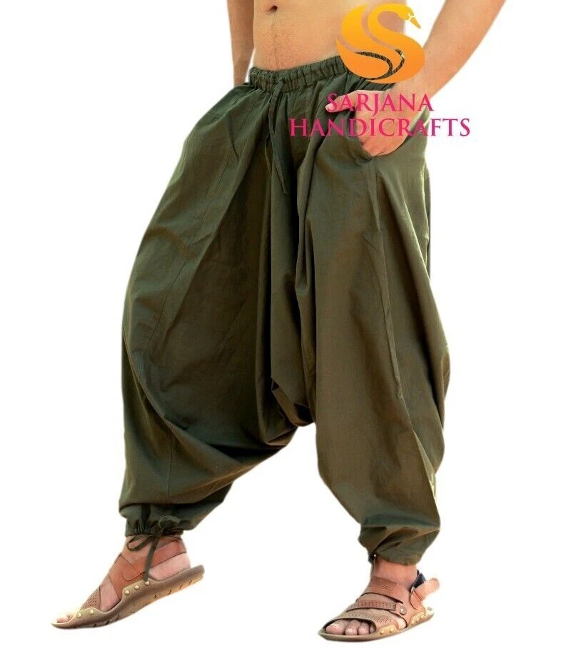 Men Women Cotton Solid Olive Harem Pants Gypsy Hippie Drop Crotch Trouser Genie