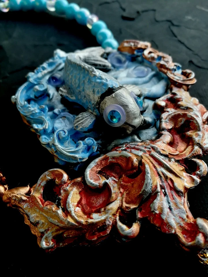 Collar Mujer Colgante Art Deco Nuevo Talismán Azul Pez Piscis Joyería de Lujo Foto 4 de 4