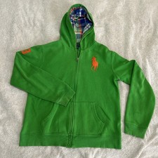 Vintage Polo Ralph Lauren Big Pony Hoodie - Light Green Plaid Lined Hood 2 Patch