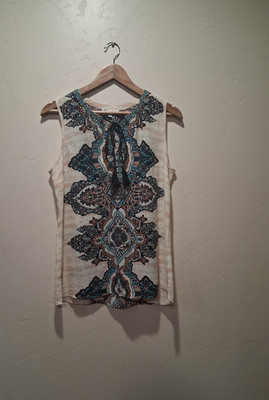 DR2 Daniel Rainn S Boho Tank Cream Navy Chiffon Geometric Medallion Flowy Tassel