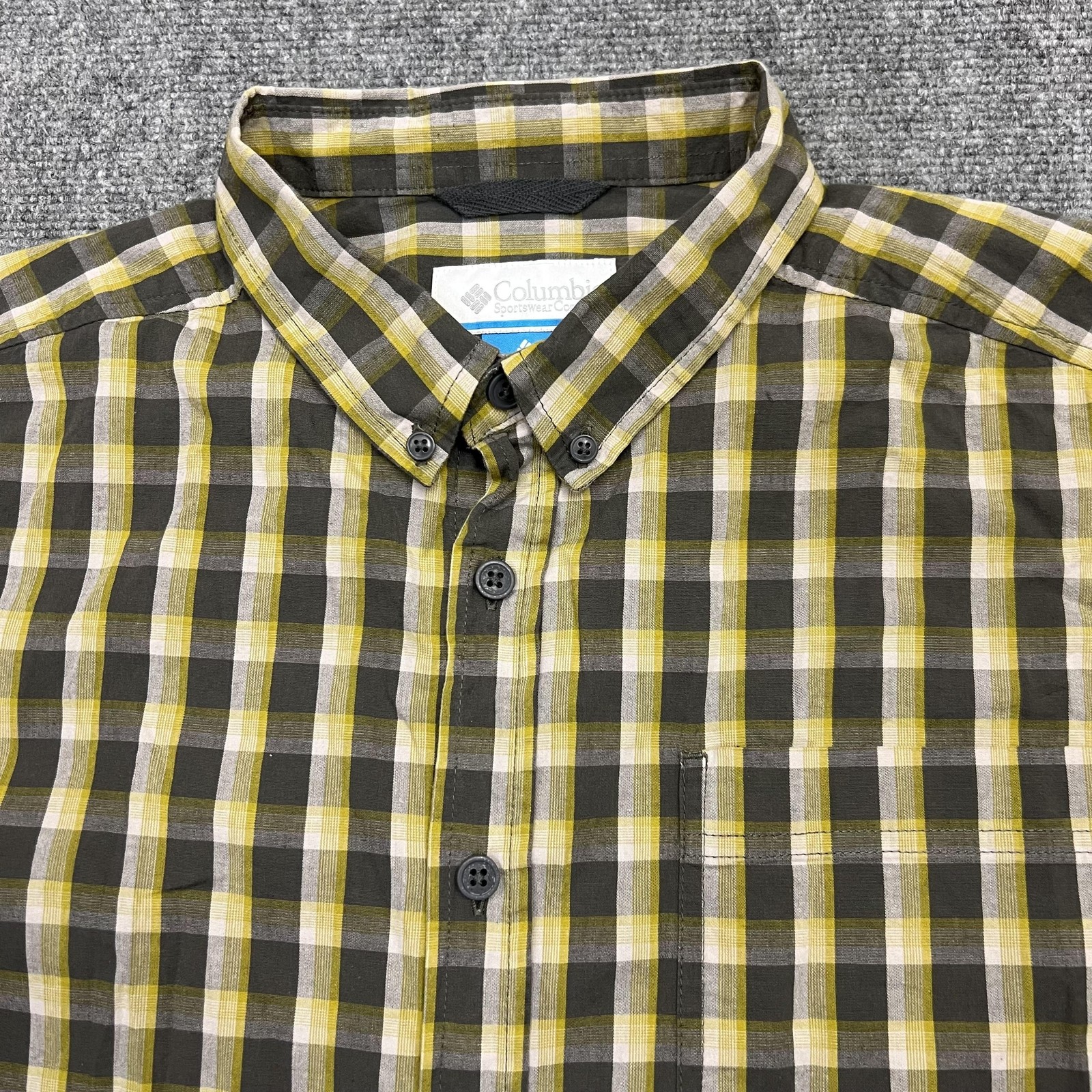 Columbia Shirt Mens Large Yellow Gray Plaid Button Down Long Sleeve Cotton