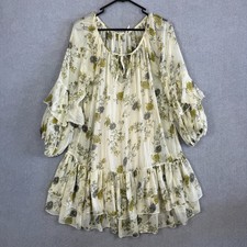 Free People Dress Womens Extra Small Green White Floral Sheer Ruffle Pleated