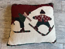 Christmas Tapestry Pillow Children Skiing 17 X 17 Plaid USA 17" Holiday Ski Snow