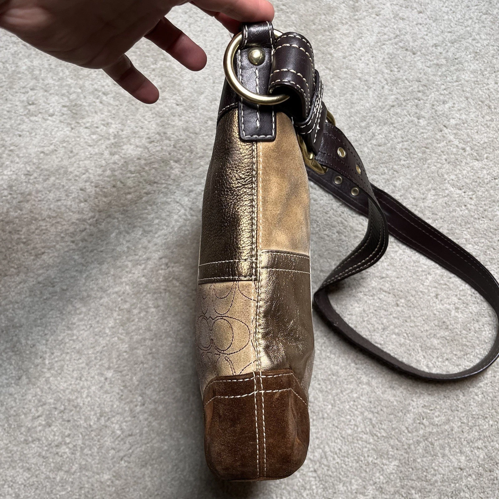 Borsa Coach vintage firmata patchwork pelle oro marrone scamosciata tracolla