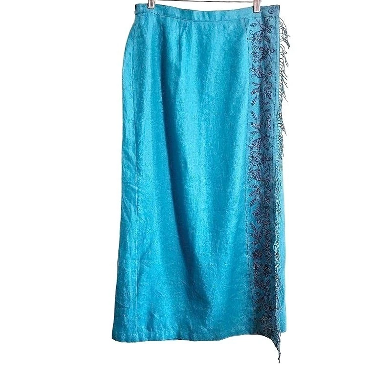 JM Linen Wrap Skirt Size Large embroidered floral fringe NWT