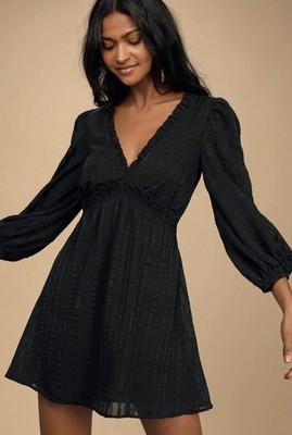 Lulus Forever In My Heart Black Striped Balloon Sleeve Mini Dress Size Large 