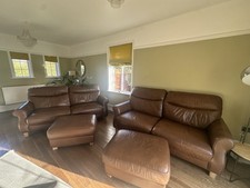 Bay Leather Republic Brown Sofas With Matching Sprung Open Footstools X 2.