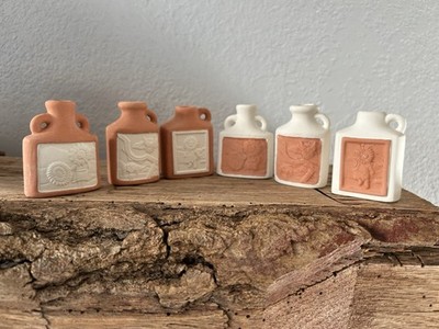 6 VTG Miniature Moon Flask Jugs Southwest  Ceramics Relief Style Primitive