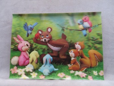 Lenticular 3-D Picture Bear, Bunnies, Birds, Chipmunks Japan