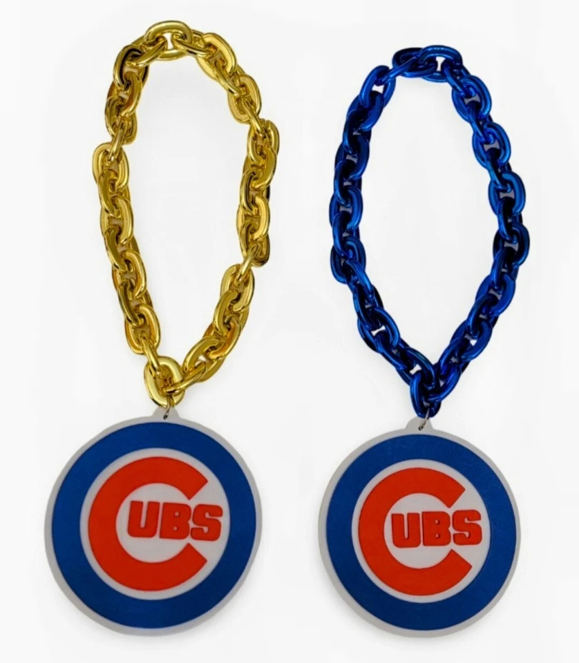 Chicago Cubs Big Chain 7” Round EVA Foam Logo 34” Gold/Blue Chain Fan Necklace - Image 4 of 4