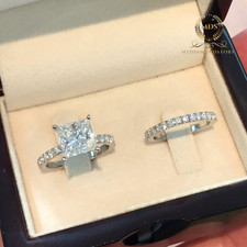 3.00 CT Princess Cut Moissanite Bridal Set Engagement Ring Solid 14K White Gold