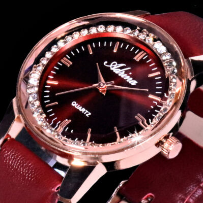 Adrina Uhr Damenuhr Armbanduhr Dunkel Rot Rose Gold Farben Strass B-Ware